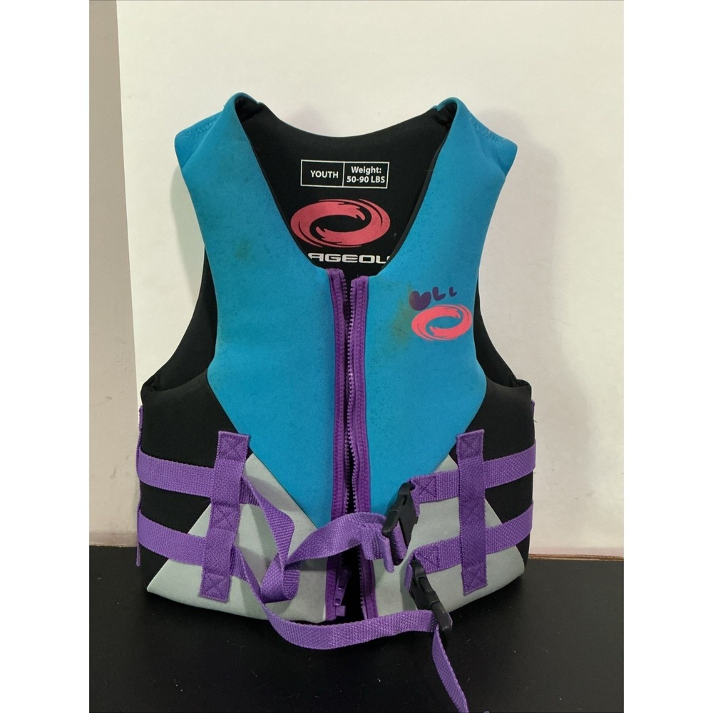 O'Rageous Youth Life Jacket 50–90 lb Type III PFD Water Ski Vest Blue STAINED